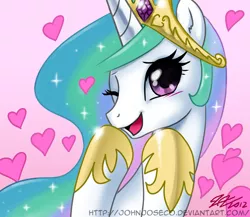 Size: 800x695 | Tagged: safe, artist:johnjoseco, derpibooru import, princess celestia, alicorn, pony, blushing, bust, cute, cutelestia, ear fluff, female, heart, looking at you, mare, one eye closed, open mouth, photoshop, portrait, pretty princess, princess, signature, solo, wink