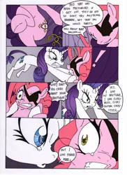 Size: 1000x1377 | Tagged: safe, artist:mohawkrex, artist:whysoseriouss, derpibooru import, pinkie pie, rarity, earth pony, pony, unicorn, comic:a piece of pie, comic, duo, eyepatch, female, golden pie, goldeneye, mare