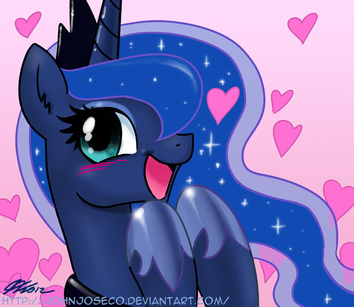 Size: 800x695 | Tagged: safe, artist:johnjoseco, derpibooru import, princess luna, alicorn, pony, blushing, bust, cute, ear fluff, female, happy, heart, looking at you, lunabetes, mare, open mouth, photoshop, portrait, pretty princess, signature, smiling, solo