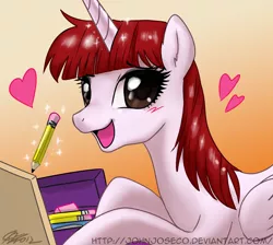 Size: 900x807 | Tagged: safe, artist:johnjoseco, derpibooru import, oc, oc:fausticorn, ponified, unofficial characters only, alicorn, pony, blushing, cute, ear fluff, eraser, faustabetes, female, gradient background, happy, heart, lauren faust, looking at you, magic, mare, open mouth, pen, pencil, photoshop, pretty princess, signature, smiling, solo, telekinesis