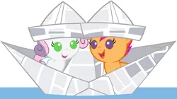 Size: 6080x3400 | Tagged: safe, artist:beavernator, derpibooru import, scootaloo, sweetie belle, pegasus, pony, unicorn, ponyville confidential, baby, baby belle, baby pony, baby scootaloo, cute, duo, female, foal, hat, paper boat, paper hat, simple background, white background