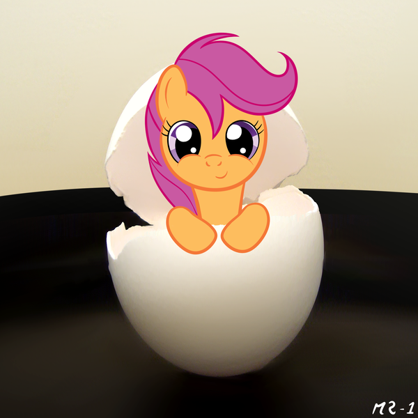 Size: 2000x2000 | Tagged: safe, artist:mr-1, derpibooru import, scootaloo, chicken, pegasus, pony, cute, cutealoo, egg, female, filly, hatching, high res, irl, looking at you, photo, ponies in real life, scootachicken, scootadoption, solo