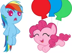 Size: 5000x3680 | Tagged: safe, artist:beavernator, derpibooru import, pinkie pie, rainbow dash, earth pony, pegasus, pony, baby, baby dash, baby pie, baby pony, balloon, duo, female, filly, flying, foal, simple background, then watch her balloons lift her up to the sky, white background