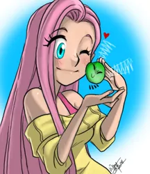 Size: 722x835 | Tagged: artist:aeolus06, bare shoulders, derpibooru import, female, fluttershy, gradient background, heart, human, humanized, nuzzling, one eye closed, parasprite, safe