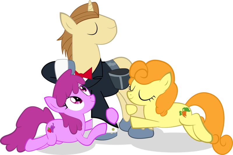 Size: 1504x1004 | Tagged: safe, artist:miroslav46, derpibooru import, berry punch, berryshine, carrot top, con mane, donut joe, golden harvest, earth pony, pony, unicorn, clothes, female, male, mare, simple background, stallion, transparent background