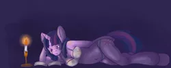 Size: 1050x420 | Tagged: anthro, artist needed, belly button, book, bra, breasts, candle, clothes, derpibooru import, female, panties, reading, side, solo, solo female, suggestive, twilight sparkle, underwear, unguligrade anthro, white underwear