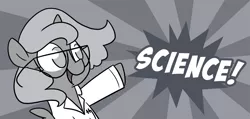 Size: 1053x500 | Tagged: safe, artist:egophiliac, derpibooru import, princess luna, alicorn, pony, moonstuck, clothes, cute, female, filly, glasses, grayscale, lab coat, monochrome, open mouth, science, science woona, smiling, solo, woona