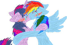 Size: 236x161 | Tagged: safe, artist:tsukaimonboom, derpibooru import, rainbow dash, twilight sparkle, pegasus, pony, unicorn, crying, female, floppy ears, kissing, lesbian, mare, picture for breezies, shipping, simple background, twidash, white background