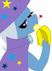 Size: 1168x1600 | Tagged: artist needed, suggestive, derpibooru import, trixie, pony, unicorn, banana, clothes, eating, female, food, hat, heart, lidded eyes, mare, robe, simple background, solo, solo female, trixie's cape, trixie's hat, white background