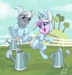 Size: 622x650 | Tagged: safe, artist:atryl, derpibooru import, diamond tiara, silver spoon, earth pony, pony, bunny costume, clothes, cute, diamondbetes, duo, female, fence, filly, glasses, grin, jumping, open mouth, smiling, watering can