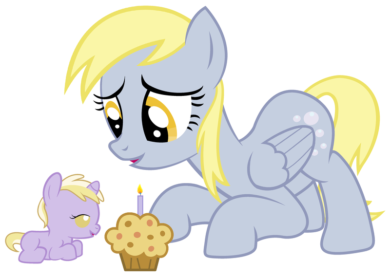 Size: 4200x3000 | Tagged: safe, artist:beavernator, derpibooru import, derpy hooves, dinky hooves, pegasus, pony, unicorn, baby, baby pony, candle, equestria's best mother, female, foal, mare, muffin, prone, simple background, white background