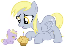 Size: 4200x3000 | Tagged: safe, artist:beavernator, derpibooru import, derpy hooves, dinky hooves, pegasus, pony, unicorn, baby, baby pony, candle, equestria's best mother, female, foal, mare, muffin, prone, simple background, white background