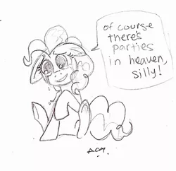 Size: 400x387 | Tagged: artist needed, safe, derpibooru import, pinkie pie, earth pony, pony, crying, dialogue, female, floppy ears, grayscale, mare, monochrome, raised hoof, sad, simple background, sitting, smiling, solo, underhoof, white background