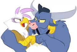 Size: 660x446 | Tagged: safe, artist:briskby, derpibooru import, gilda, iron will, gryphon, minotaur, duo, eye contact, female, fist bump, hug, looking at each other, male, simple background, white background