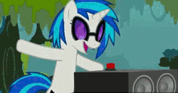 Size: 320x168 | Tagged: safe, artist:nomorethan9, derpibooru import, discord, vinyl scratch, draconequus, pony, unicorn, epic wub time, animated, bass cannon, button, cutie mark, everfree forest, female, forest, gif, hilarious in hindsight, male, mare, youtube link