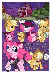 Size: 1000x1377 | Tagged: safe, artist:mohawkrex, artist:whysoseriouss, derpibooru import, applejack, pinkie pie, earth pony, pony, comic:a piece of pie, applepie, clothes, comic, female, hat, kissing, lesbian, mare, shipping, surprise kiss, sweet apple acres, the amazing pinkie pie, top hat, tuxedo