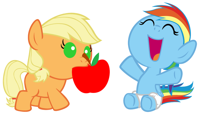 Size: 4320x2520 | Tagged: safe, artist:beavernator, derpibooru import, applejack, rainbow dash, earth pony, pegasus, pony, apple, baby, baby dash, baby pony, babyjack, diaper, female, filly, foal, mouth hold, simple background, white background