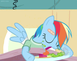 Size: 500x400 | Tagged: safe, derpibooru import, screencap, rainbow dash, pegasus, pony, read it and weep, animated, bed, eating, female, food, gif, hospital, hub logo, jello, mare, messy eating, solo