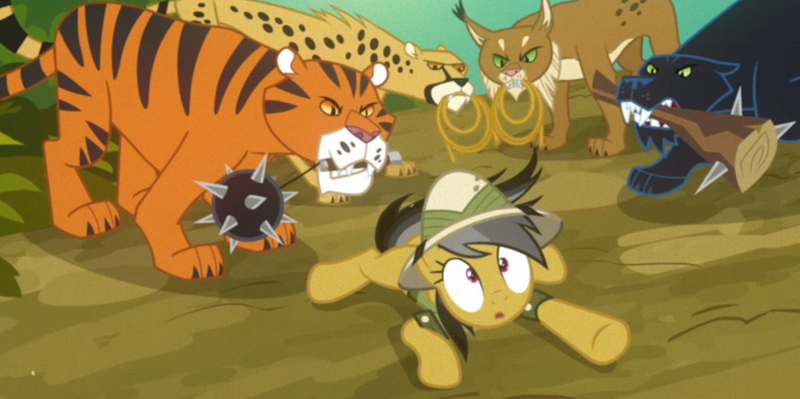 Size: 865x431 | Tagged: safe, derpibooru import, screencap, daring do, big cat, cat, cheetah, lynx, panther, pegasus, pony, tiger, read it and weep, :o, ahuizotl's cats, animal, club, female, flail, lasso, mare, morning star, mouth hold, prone, rope, too many cats, weapon, wide eyes
