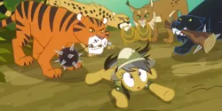 Size: 865x431 | Tagged: safe, derpibooru import, screencap, daring do, big cat, cat, cheetah, lynx, panther, pegasus, pony, tiger, read it and weep, :o, ahuizotl's cats, animal, club, female, flail, lasso, mare, morning star, mouth hold, prone, rope, too many cats, weapon, wide eyes