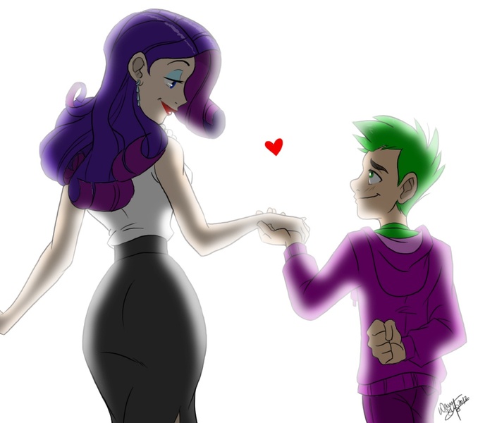 Size: 1119x952 | Tagged: safe, artist:aeolus06, derpibooru import, rarity, spike, human, curvy, cute, ear piercing, earring, eye contact, female, heart, holding hands, hourglass figure, human spike, humanized, jewelry, lipstick, looking at each other, male, piercing, shipping, simple background, sparity, straight, white background