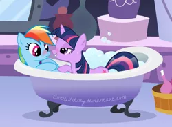 Size: 738x543 | Tagged: suggestive, artist:catwhitney, derpibooru import, rainbow dash, twilight sparkle, pegasus, pony, unicorn, bath, bathtub, bedroom eyes, blushing, claw foot bathtub, female, lesbian, mare, shipping, twidash