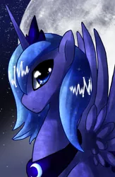 Size: 721x1106 | Tagged: dead source, safe, artist:zia-ferret, derpibooru import, princess luna, alicorn, pony, bust, female, mare, moon, portrait, profile, s1 luna, solo