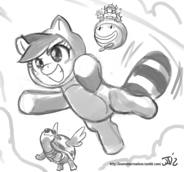 Size: 1280x1200 | Tagged: artist:johnjoseco, bowser, clothes, costume, crossover, derpibooru import, grayscale, koopa clown car, luigi, mario, monochrome, nintendo, pet, power-up, rainbow dash, safe, super mario bros., super mario bros. 3, tank, tanooki, tanooki suit, weegee