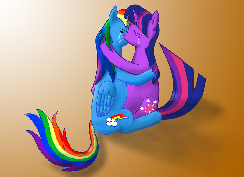 Size: 1024x745 | Tagged: safe, artist:furor1, derpibooru import, rainbow dash, twilight sparkle, pegasus, pony, unicorn, crying, female, gradient background, kissing, lesbian, mare, shipping, sitting, twidash