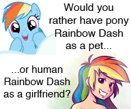 Size: 192x160 | Tagged: safe, artist:megasweet, derpibooru import, rainbow dash, human, pegasus, pony, bronybait, female, girlfriend, humanized, mare, meta, pet, picture for breezies, would you rather