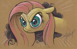 Size: 900x584 | Tagged: safe, artist:andypriceart, derpibooru import, fluttershy, pegasus, pony, female, floppy ears, mare, solo, stare, the stare, traditional art