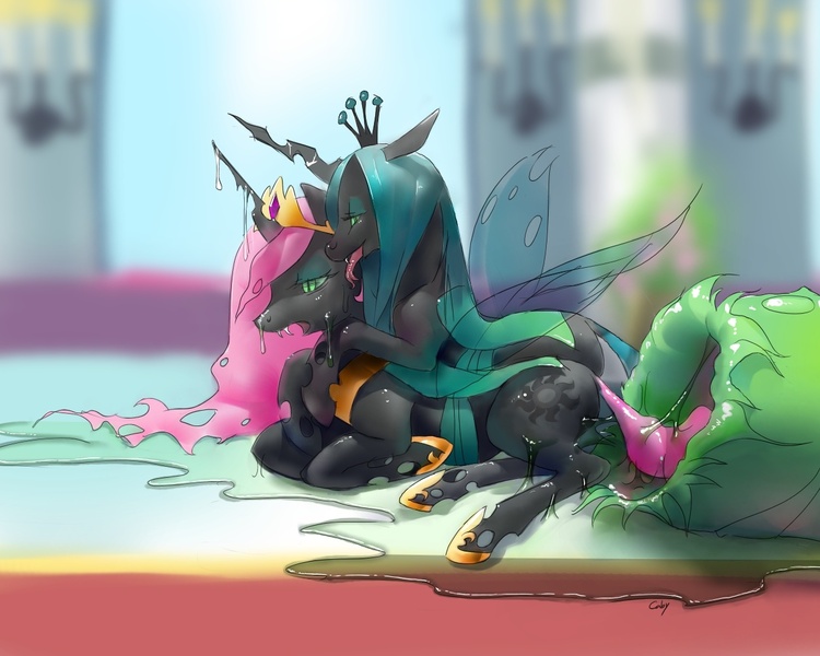 Size: 1250x1000 | Tagged: semi-grimdark, suggestive, artist:cabyowl, derpibooru import, princess celestia, queen chrysalis, changeling, changeling queen, bad end, canterlot, changeling slime, changelingified, chryslestia, cocoon, corrupted, creepy, eerie, female, femdom, femsub, image, jpeg, lesbian, licking, princess, princess chryslestia, prone, shipping, signature, species swap, submissive, transformation