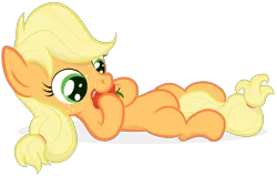 Size: 3895x2473 | Tagged: safe, artist:manateemckenzie, derpibooru import, applejack, earth pony, pony, apple, eating, female, filly, foal, freckles, high res, obligatory apple, on back, simple background, solo, that pony sure does love apples, transparent background