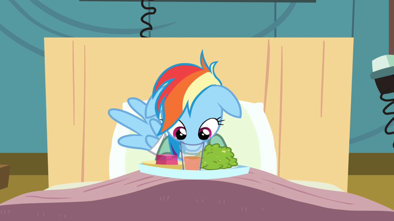 Size: 1600x900 | Tagged: safe, derpibooru import, screencap, rainbow dash, pegasus, pony, read it and weep, bed, cute, dashabetes, drinking, eating, female, floppy ears, foomp, glass, horse problems, hospital, mare, solo