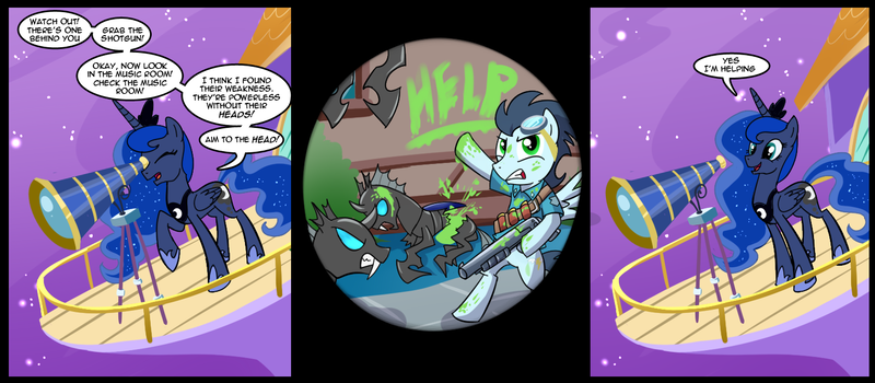 Size: 1500x656 | Tagged: semi-grimdark, artist:madmax, derpibooru import, princess luna, soarin', alicorn, changeling, pegasus, pony, amputee, balcony, bipedal, blood, blood writing, comic, dead, exploitable meme, female, green blood, gun, help, helping, implied decapitation, luna is friggen useless, male, mare, meme, raised hoof, shotgun, smiling, speech bubble, stallion, telescope, telescope meme, weapon