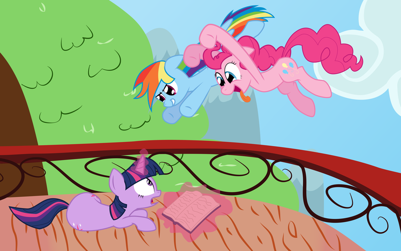 Size: 8000x5000 | Tagged: safe, artist:kittyhawk-contrail, derpibooru import, pinkie pie, rainbow dash, twilight sparkle, earth pony, pegasus, pony, unicorn, absurd resolution, balcony, book, female, mare, pounce, prone, surprised