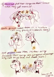 Size: 630x900 | Tagged: source needed, safe, artist:emmy, derpibooru import, oc, unofficial characters only, earth pony, pegasus, pony, unicorn, blushing, caption, female, gay, headcanon, lesbian, looking at each other, male, mare, marriage, shipping, sketch, stallion, straight, wedding, wedding ring