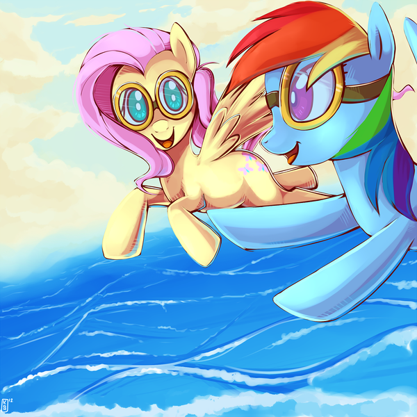 Size: 1500x1500 | Tagged: dead source, safe, artist:si1vr, derpibooru import, fluttershy, rainbow dash, pegasus, pony, duo, female, flying, goggles, mare, swimming goggles, water