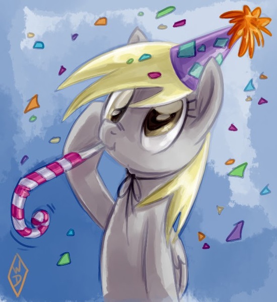 Size: 595x649 | Tagged: safe, artist:whitediamonds, derpibooru import, derpy hooves, pegasus, pony, :t, confetti, cute, derpabetes, female, hat, mare, party hat, party horn, picasa, salute, solo