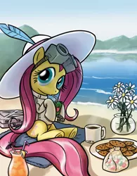 Size: 656x843 | Tagged: safe, artist:giantmosquito, derpibooru import, fluttershy, pegasus, pony, beach, cookie, crossover, dr adorable, female, flower, goggles, hat, juice box, mare, sitting, solo, water