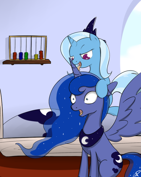 Size: 717x902 | Tagged: questionable, artist:theparagon, derpibooru import, princess luna, trixie, alicorn, pony, unicorn, abacus, accessory swap, bedroom eyes, colored pupils, female, females only, femdom, femsub, hornjob, lesbian, licking, lunasub, luxie, mare, open mouth, personal space invasion, pony hat, shipping, smiling, spread wings, submissive, surprise sex, surprised, tongue out, trixdom, wide eyes, wingboner