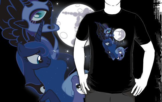 Size: 556x350 | Tagged: safe, artist:animayhem, derpibooru import, nightmare moon, princess luna, alicorn, pony, wolf, animayhem, clothes, cute, female, lunar trinity, mare, mare in the moon, moon, princess, redbubble, s1 luna, shirt, three luna moon, three wolf moon, woona