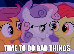 Size: 655x480 | Tagged: safe, derpibooru import, edit, edited screencap, screencap, apple bloom, scootaloo, sweetie belle, earth pony, pegasus, pony, unicorn, stare master, cutie mark crusaders, female, filly, hush now quiet now, image macro