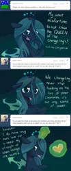 Size: 640x1536 | Tagged: safe, artist:pekou, derpibooru import, queen chrysalis, changeling, changeling queen, ask chrysalis, ask, dialogue, female, floppy ears, glowing horn, horn, image, levitation, looking at you, magic, open mouth, png, solo, telekinesis, tongue out, tumblr