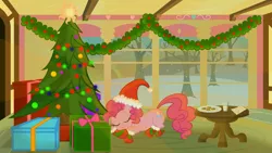 Size: 1920x1080 | Tagged: safe, artist:gratlofatic, derpibooru import, pinkie pie, earth pony, pony, christmas, christmas tree, clothes, cookie, female, food, hat, inside, letter, mare, milk, present, santa hat, sleeping, snow, snowfall, socks, solo, table, tree, vector, wallpaper