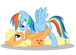 Size: 11000x8000 | Tagged: safe, artist:gratlofatic, derpibooru import, applejack, rainbow dash, earth pony, pegasus, pony, absurd resolution, appledash, eye contact, female, lesbian, looking at each other, mare, on back, shipping, simple background, transparent background, vector