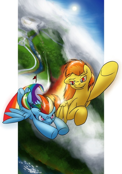 Size: 1021x1462 | Tagged: safe, artist:conicer, derpibooru import, rainbow dash, spitfire, pegasus, pony, duo, female, flying, mare, race, rainbow trail, vertigo