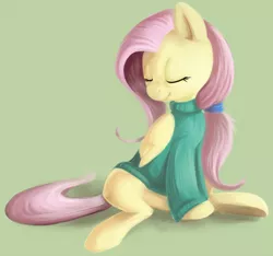 Size: 874x819 | Tagged: safe, artist:briskby, derpibooru import, fluttershy, pegasus, pony, bottomless, clothes, eyes closed, female, mare, partial nudity, ponytail, sitting, solo, sweater, sweatershy