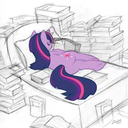 Size: 1278x1280 | Tagged: safe, artist:zajice, derpibooru import, twilight sparkle, pony, unicorn, bed, book, female, mare, partial color, pile, plot, side, sketch, sleeping, solo, that pony sure does love books