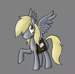 Size: 798x787 | Tagged: safe, artist:enma-darei, derpibooru import, derpy hooves, pegasus, pony, female, gray background, mailmare, mare, raised hoof, simple background, solo